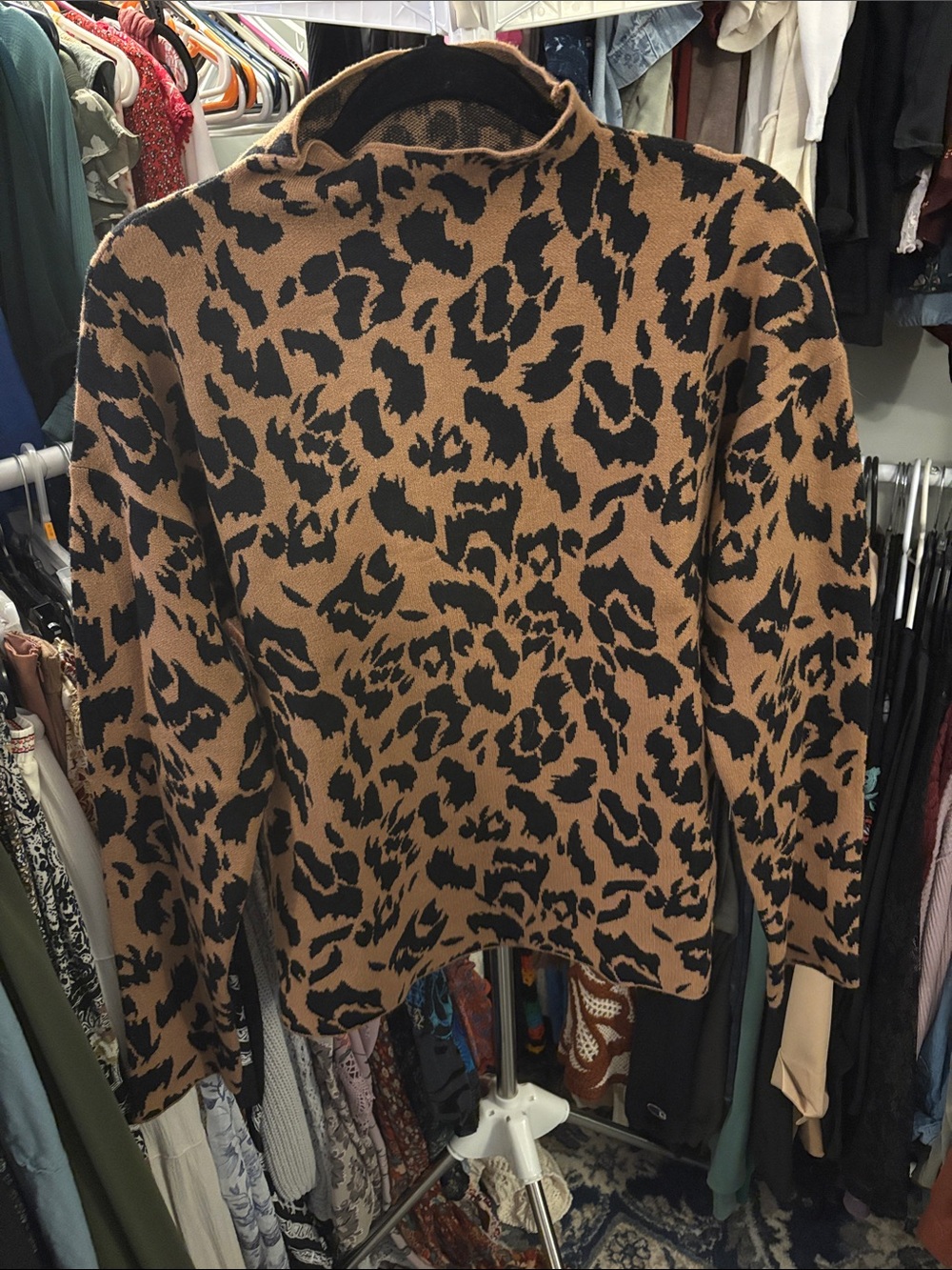 Nicole Miller Brown and Black Leopard Mock Neck Sweater
